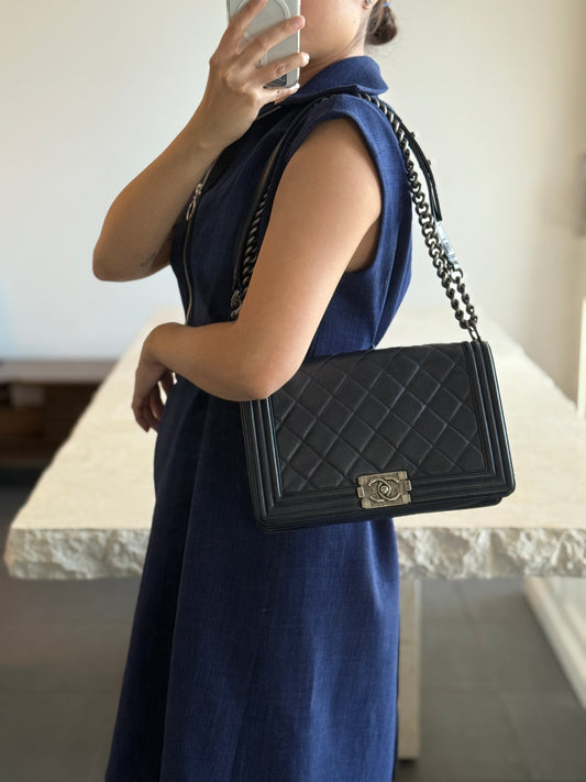 Chanel Le Boy Large Navy Lambskin Ruthenium Metal Hardware