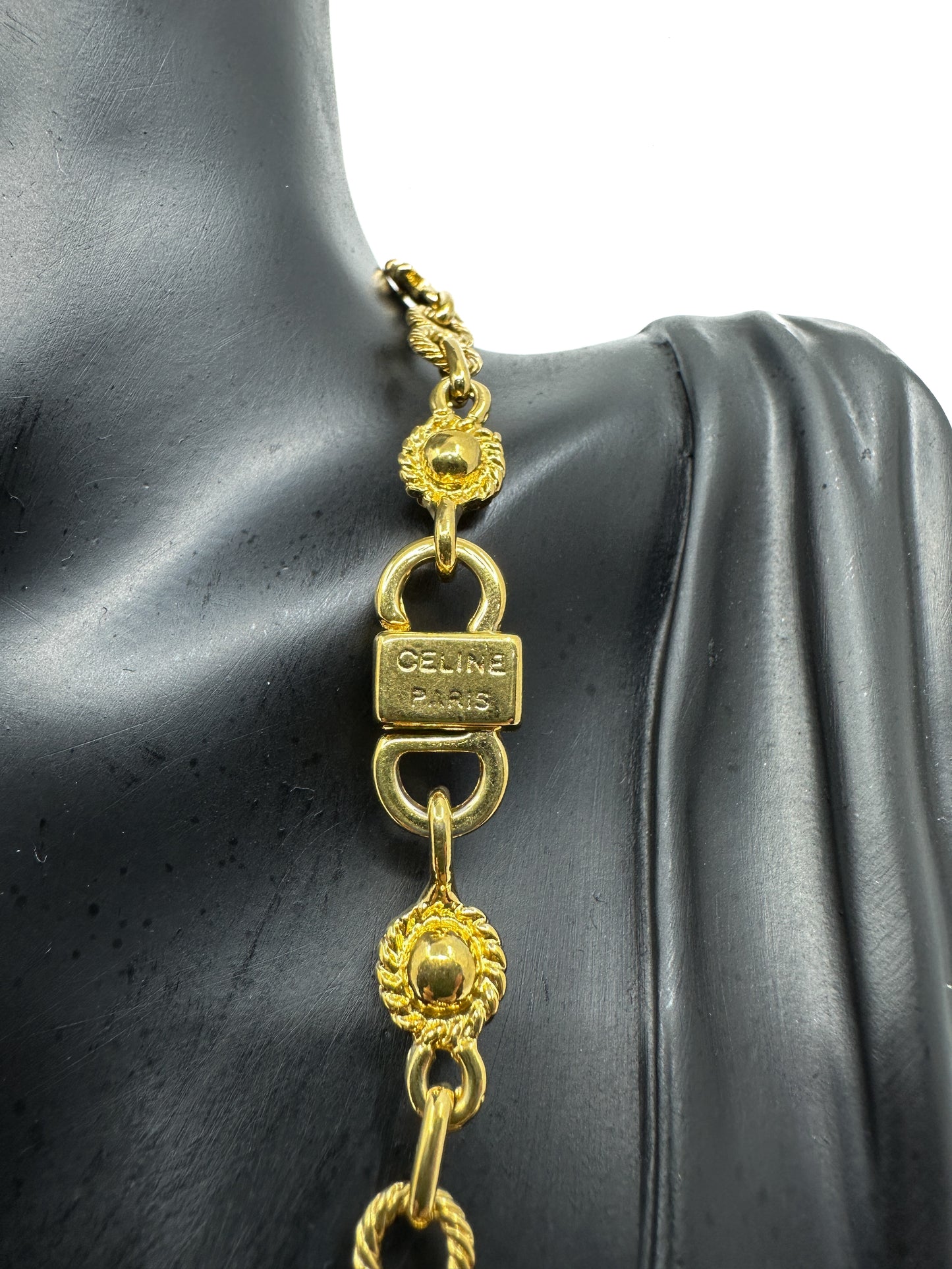 Vintage Gold Brass Celine Mixed Motifs Long Necklace