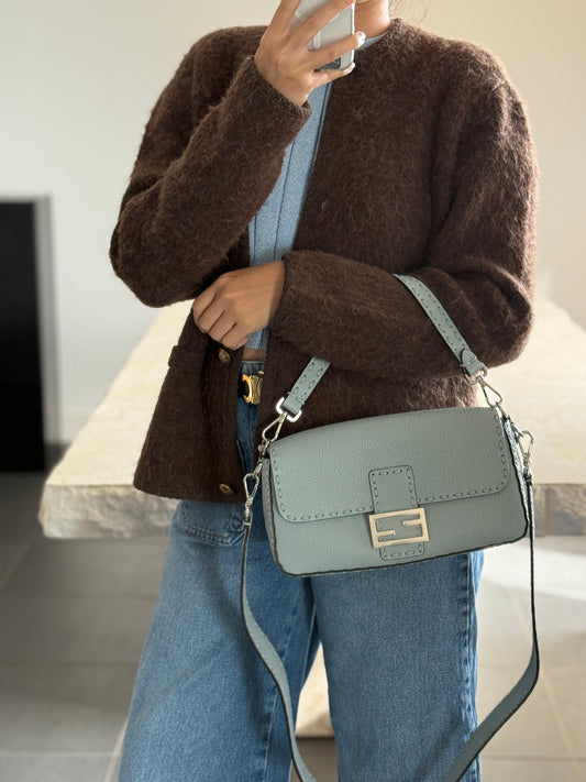 Brand New Fendi Medium Baguette Light Blue Leather Silver Hardware