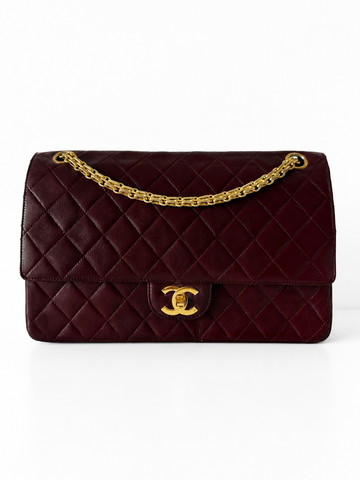 Rare Vintage Chanel Classic Double Flap Medium Burgundy Lambskin 24K Gold Hardware