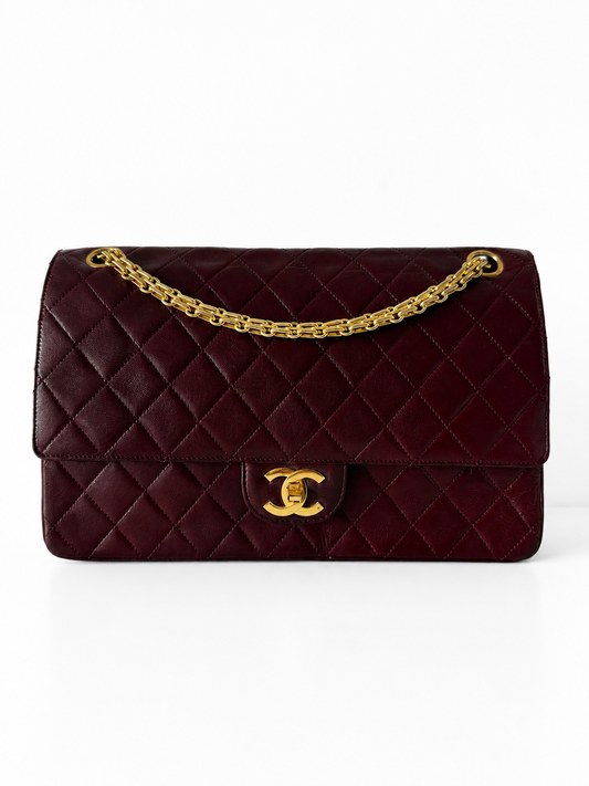 Rare Vintage Chanel Classic Double Flap Medium Burgundy Lambskin 24K Gold Hardware Pre-Series Era