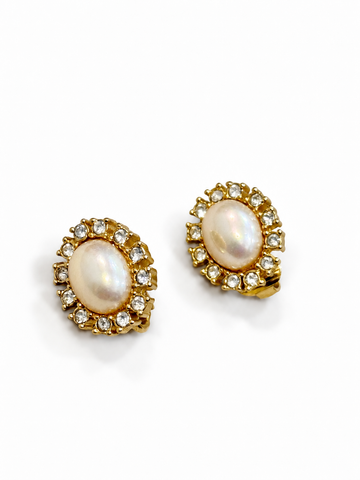 Vintage Dior Faux Pearl & Crystal Gold Tone Clip-on Earrings