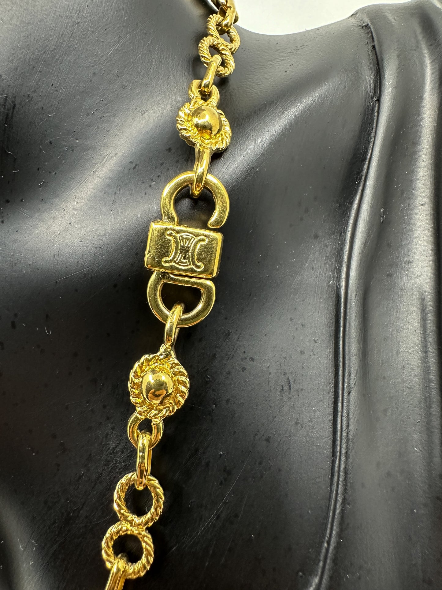 Vintage Gold Brass Celine Mixed Motifs Long Necklace