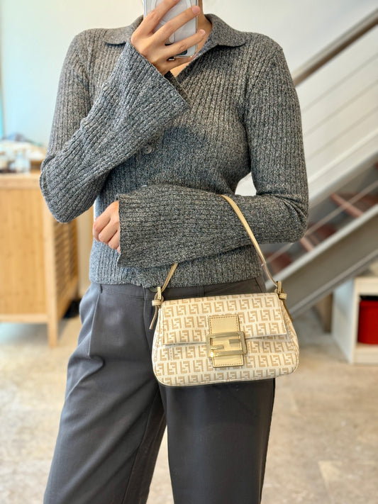 Rare Vintage Fendi Mini Baguette in White Canvas Gold Hardware