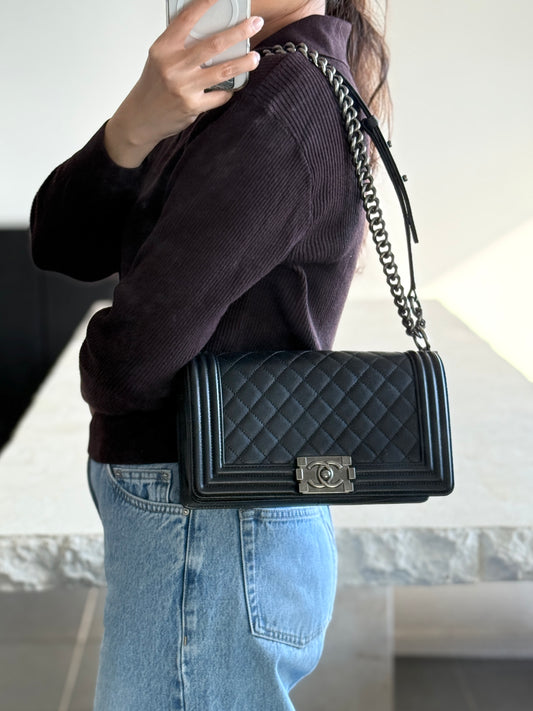Full Box Like New Chanel Le Boy Old Medium Black Caviar Gunmetal Hardware