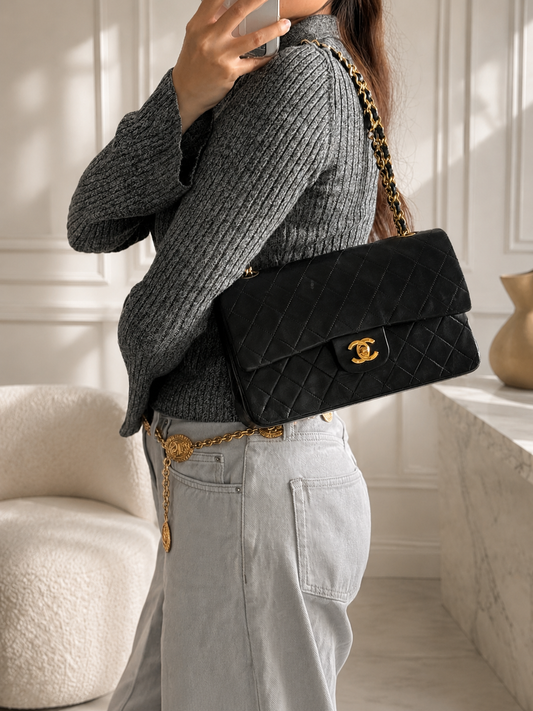 Vintage Chanel Classic Double Flap Medium Black Lambskin 24K Gold Hardware