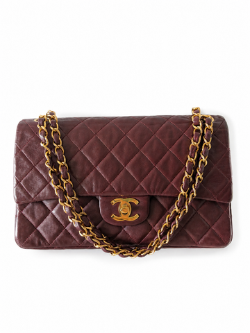 Rare Vintage Chanel Classic Double Flap Medium Burgundy Lambskin 24K Gold Hardware Pre-Series Era