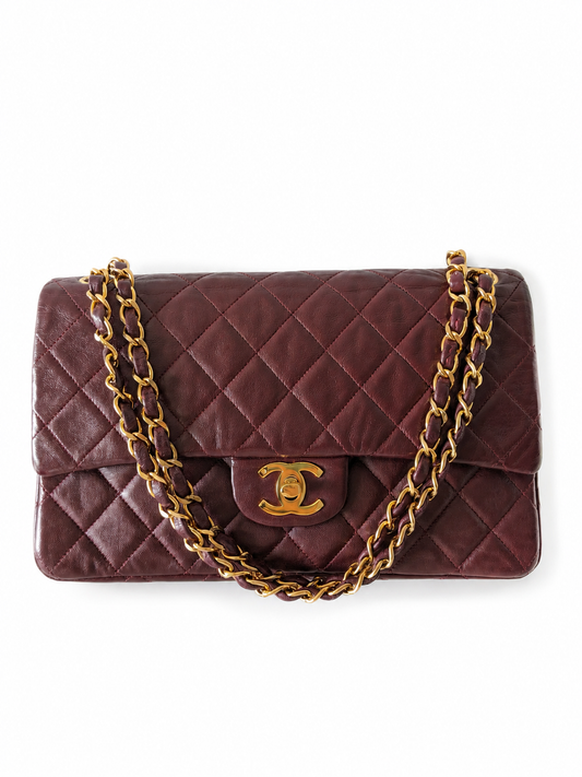 Rare Vintage Chanel Classic Double Flap Medium Burgundy Lambskin 24K Gold Hardware Pre-Series Era
