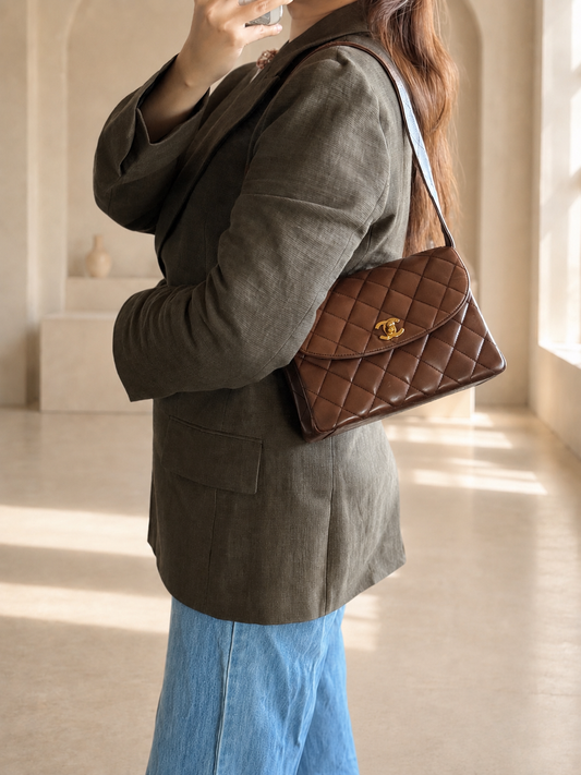 Rare Chanel Vintage Kelly Brown Lambskin Shoulder Bag 24K Gold Hardware