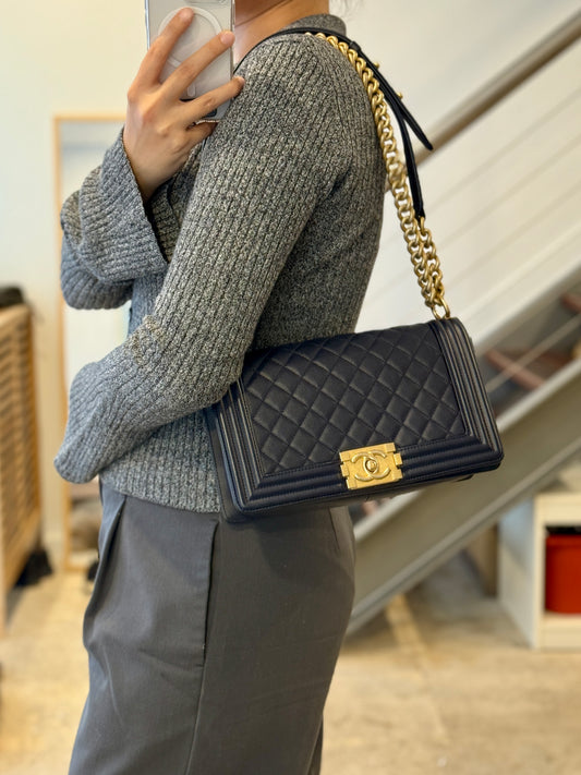 Chanel Le Boy Old Medium Navy Caviar Gold Hardware