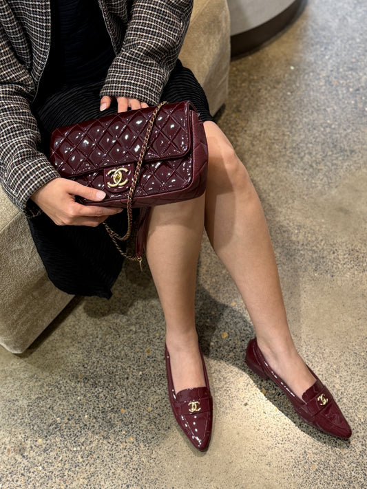 Chanel Paris-Salzburg Eyelet Burgundy Patent Leather Medium Gold Hardware