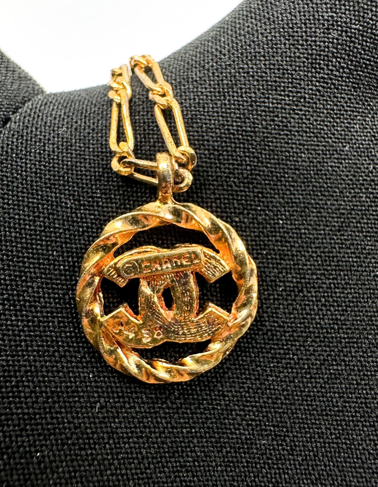 Vintage Chanel Necklace Round Coco Mark Rhinestone Chain