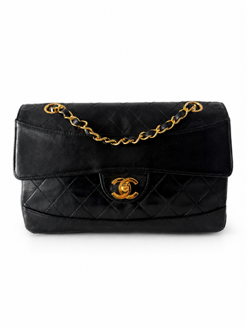 Rare Vintage Chanel Classic Single Curve Flap Medium Lambskin Black 24K Gold Hardware