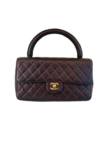 Rare Vintage Chanel Parent and Child Kelly Brown Lambskin Top Handle Bag 24K Gold Hardware