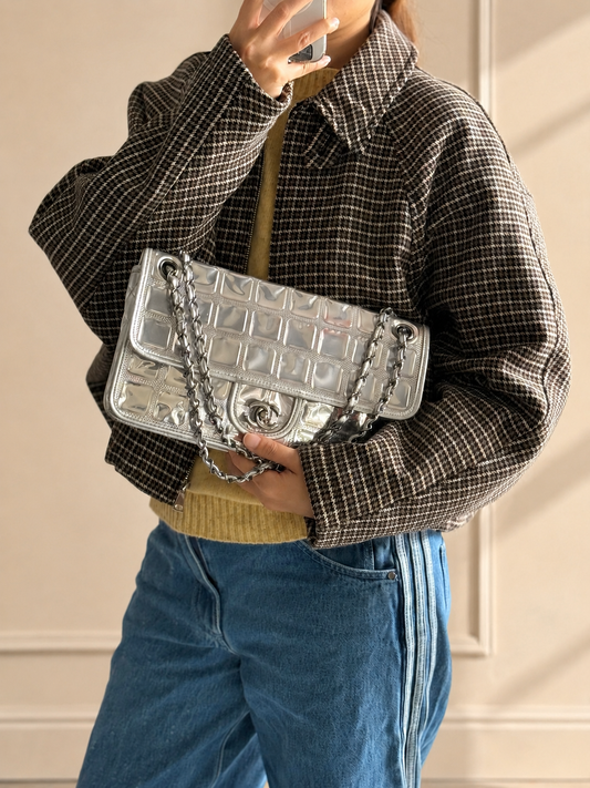 Vintage Chanel Ice Cube Chocolate Bar Jumbo Single Flap Silver Hardware