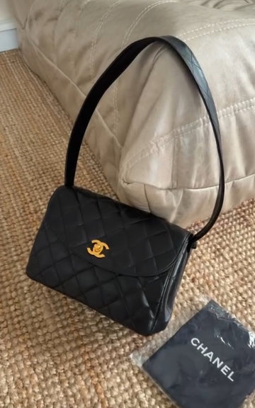 Rare Vintage Chanel Kelly Black Lambskin Small Shoulder Bag 24K Gold Hardware