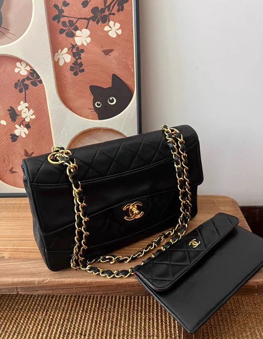 (30% Deposit) Rare Vintage Chanel Classic Single Curve Flap Medium Lambskin Black 24K Gold Hardware