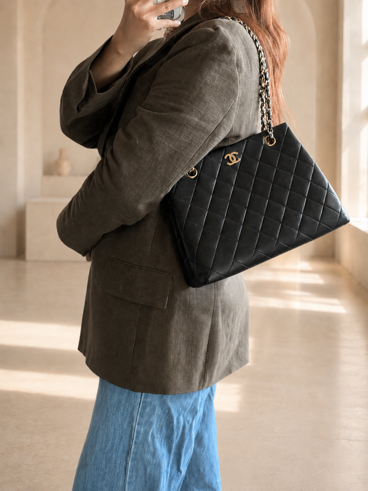Vintage Chanel Kelly Tote Black Lambskin Gold Hardware 24K Gold Hardware