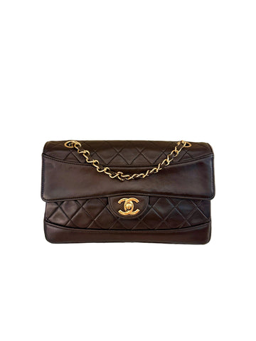 Rare Vintage Chanel Classic Single Curve Flap Medium Lambskin Chocolate Brown 24K Gold Hardware