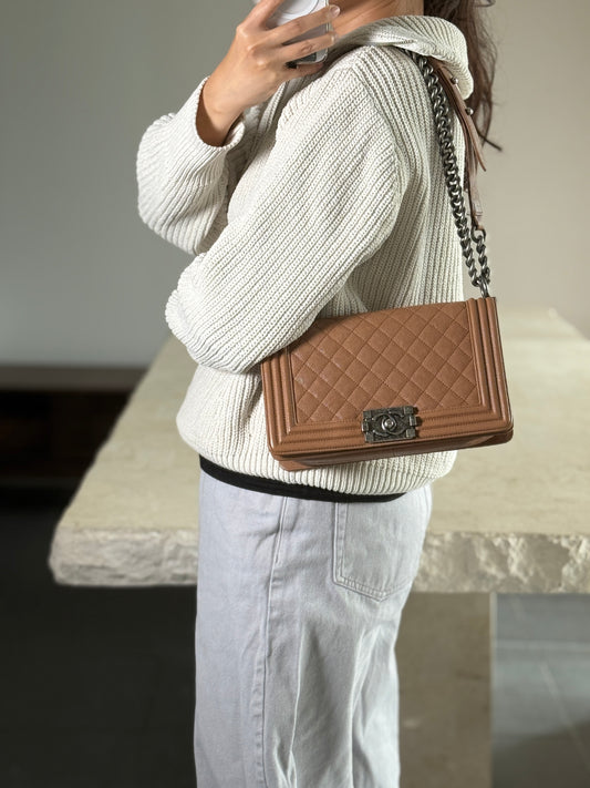 Chanel Le Boy Old Medium Caramel Brown Caviar Gunmetal Hardware