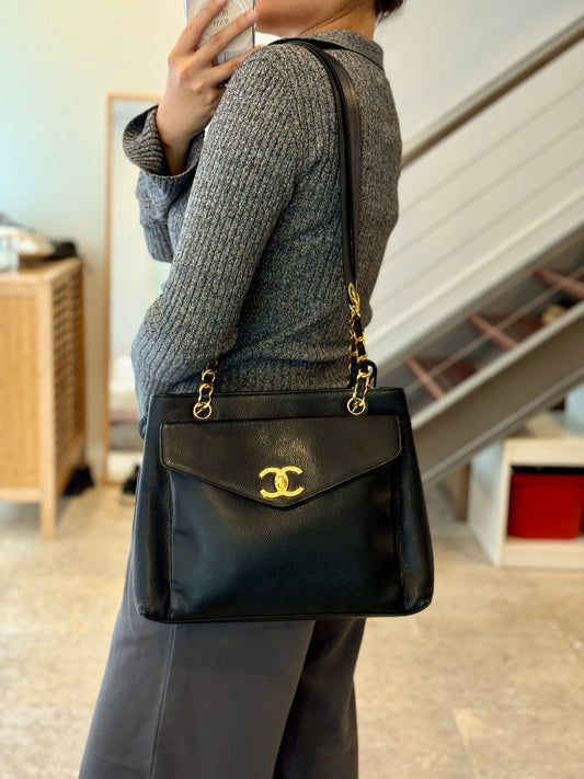 Vintage Chanel Front Pocket Caviar Tote in Black