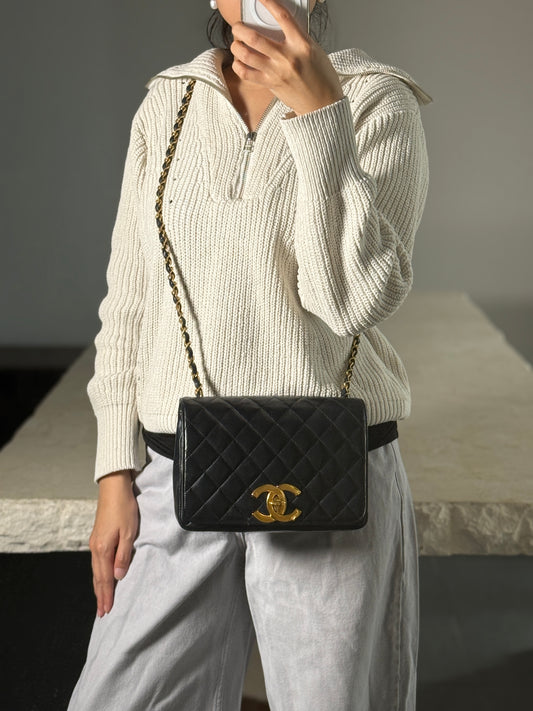 Rare Vintage Chanel Single Flap Oversized CC Dark Navy Lambskin Small 24K Gold Hardware