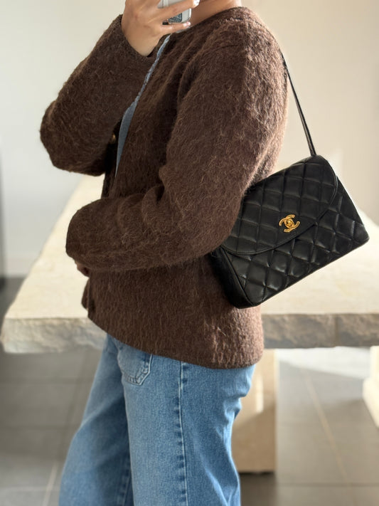 Rare Chanel Vintage Kelly Black Lambskin Shoulder Bag 24K Gold Hardware