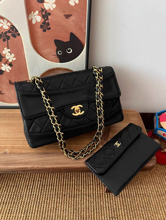 (30% Deposit) Rare Vintage Chanel Classic Single Curve Flap Medium Lambskin Black 24K Gold Hardware