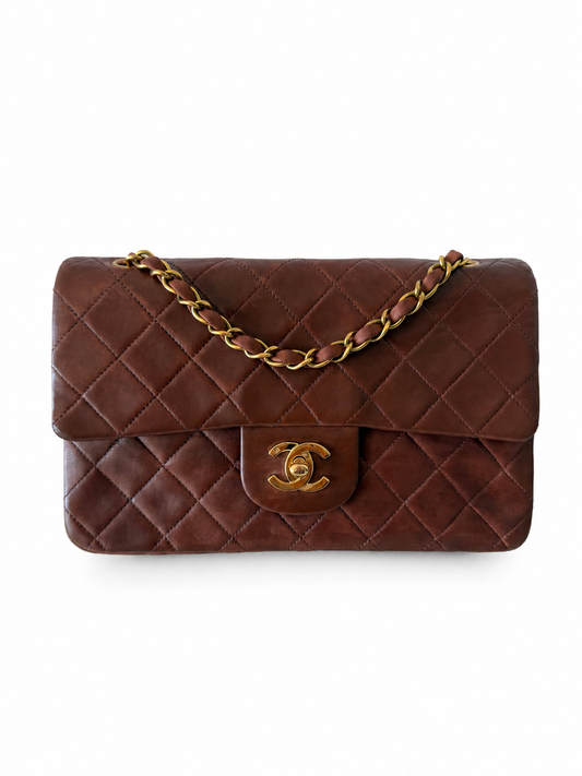 Rare Vintage Chanel Classic Double Flap Small Brown Lambskin 24K Gold Hardware