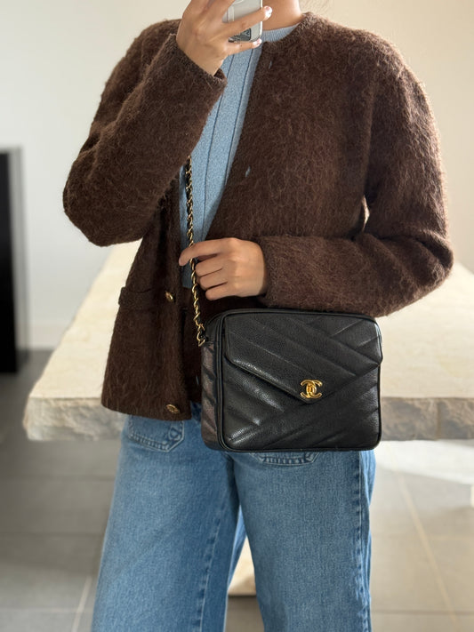 Rare Vintage Chanel Small Camera Bag Black Caviar 24K Gold Hardware