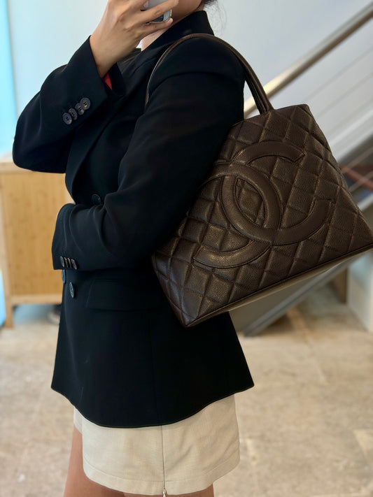 Rare Vintage Chanel Medallion Chocolate Brown Caviar Tote Gold Hardware