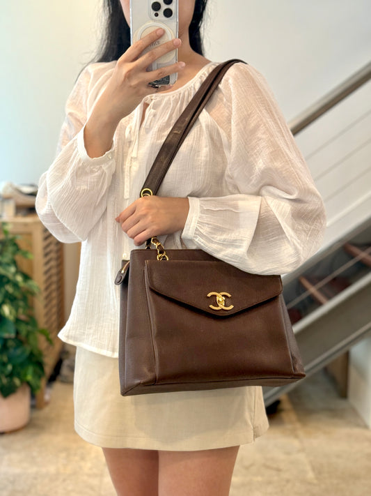 Vintage Chanel Front Pocket Caviar Tote in Chocolate Brown
