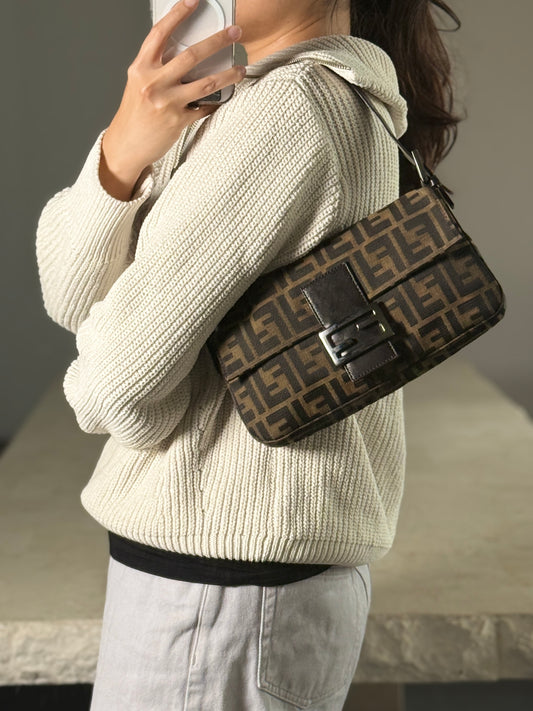 Rare Vintage Fendi Baguette in Brown Zucca Shiny Gunmetal Hardware