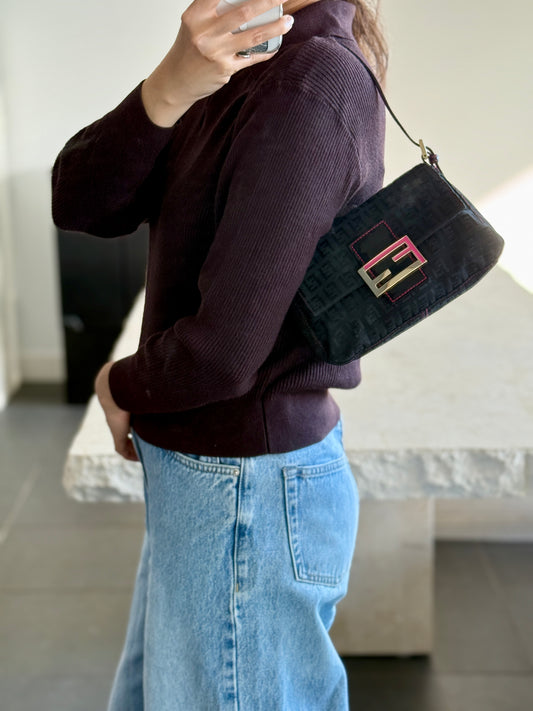 Rare Vintage Fendi Mini Mama Baguette in Black and Pink Gold Hardware