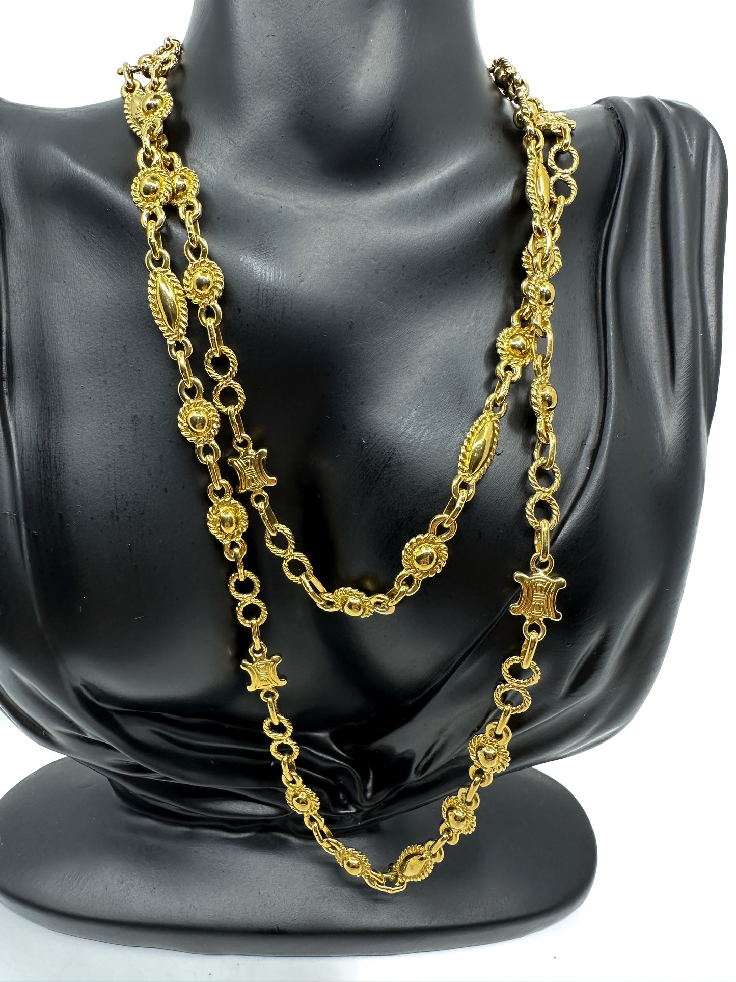 Vintage Gold Brass Celine Mixed Motifs Long Necklace