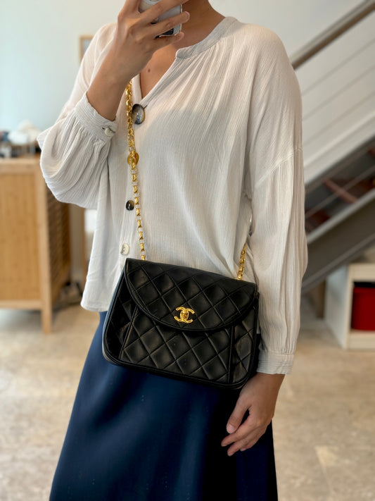 Rare Vintage Chanel Small Single Flap Halfmoon Black Lambskin 24K Gold Hardware