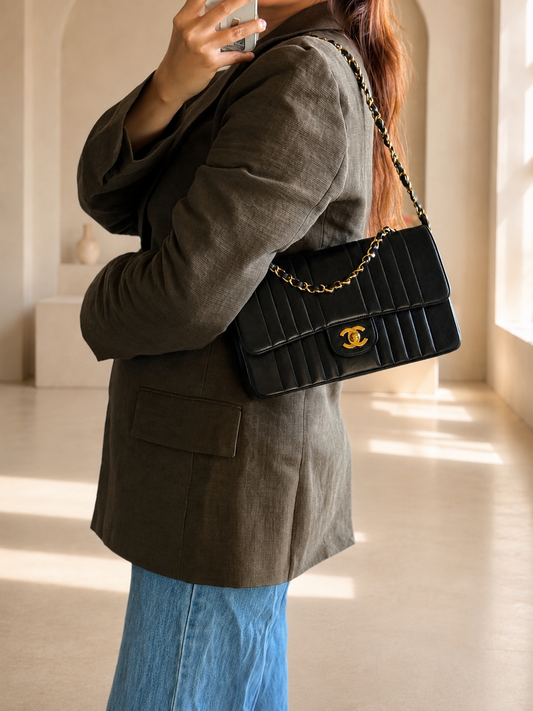 Rare Chanel Medium Single Flap Verticle Quilted Lambskin 24K Gold Hardware