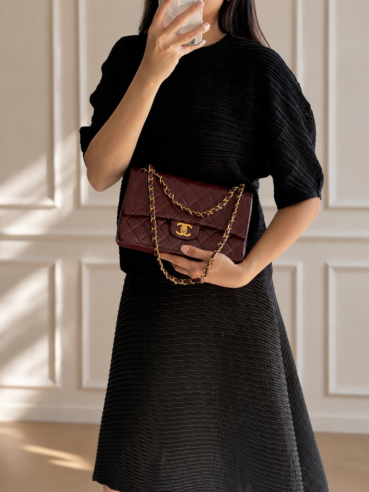 Rare Vintage Chanel Classic Double Flap Medium Burgundy Lambskin 24K Gold Hardware Pre-Series Era