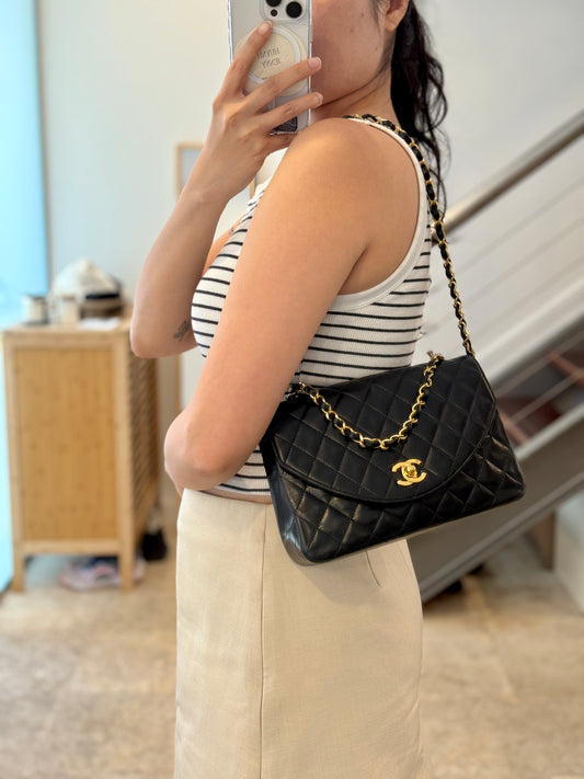 Vintage Chanel Small Single Flap Halfmoon Black Lambskin 24K Gold Hardware