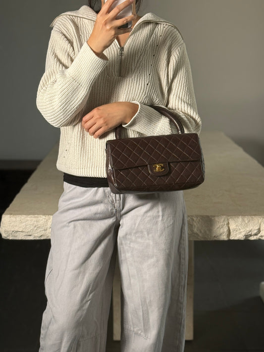 Rare Vintage Chanel Parent and Child Kelly Brown Lambskin Top Handle Bag 24K Gold Hardware