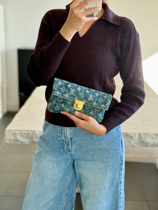 Louise Vuitton Plat Clutch Denim Gold Hardware