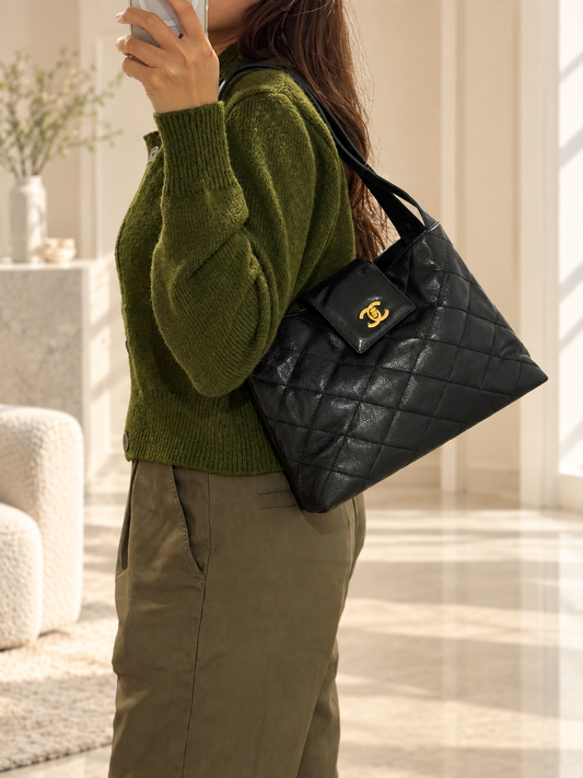 Vintage Chanel Kelly Tote Black Caviar 24K Gold Hardware