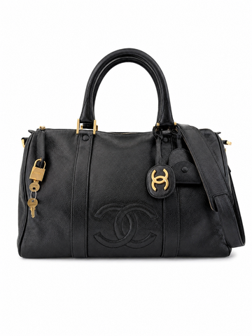 Rare Vintage Chanel Boston Bag in Black Caviar Leather Gold Hardware