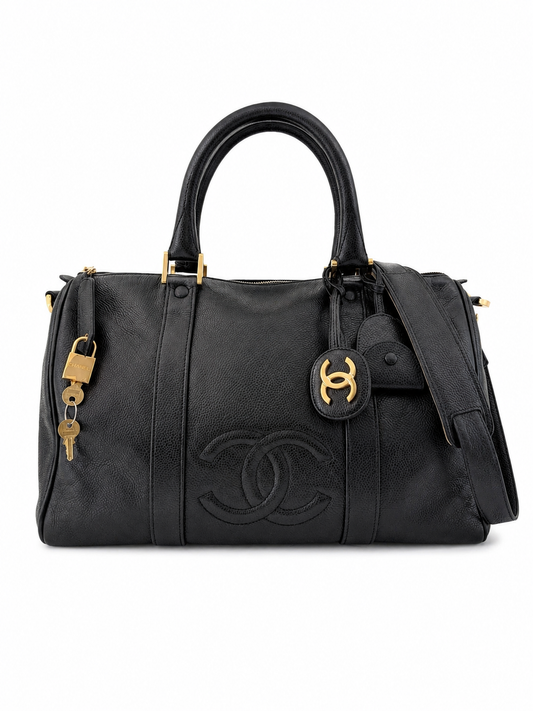 Rare Vintage Chanel Boston Bag in Black Caviar Leather Gold Hardware