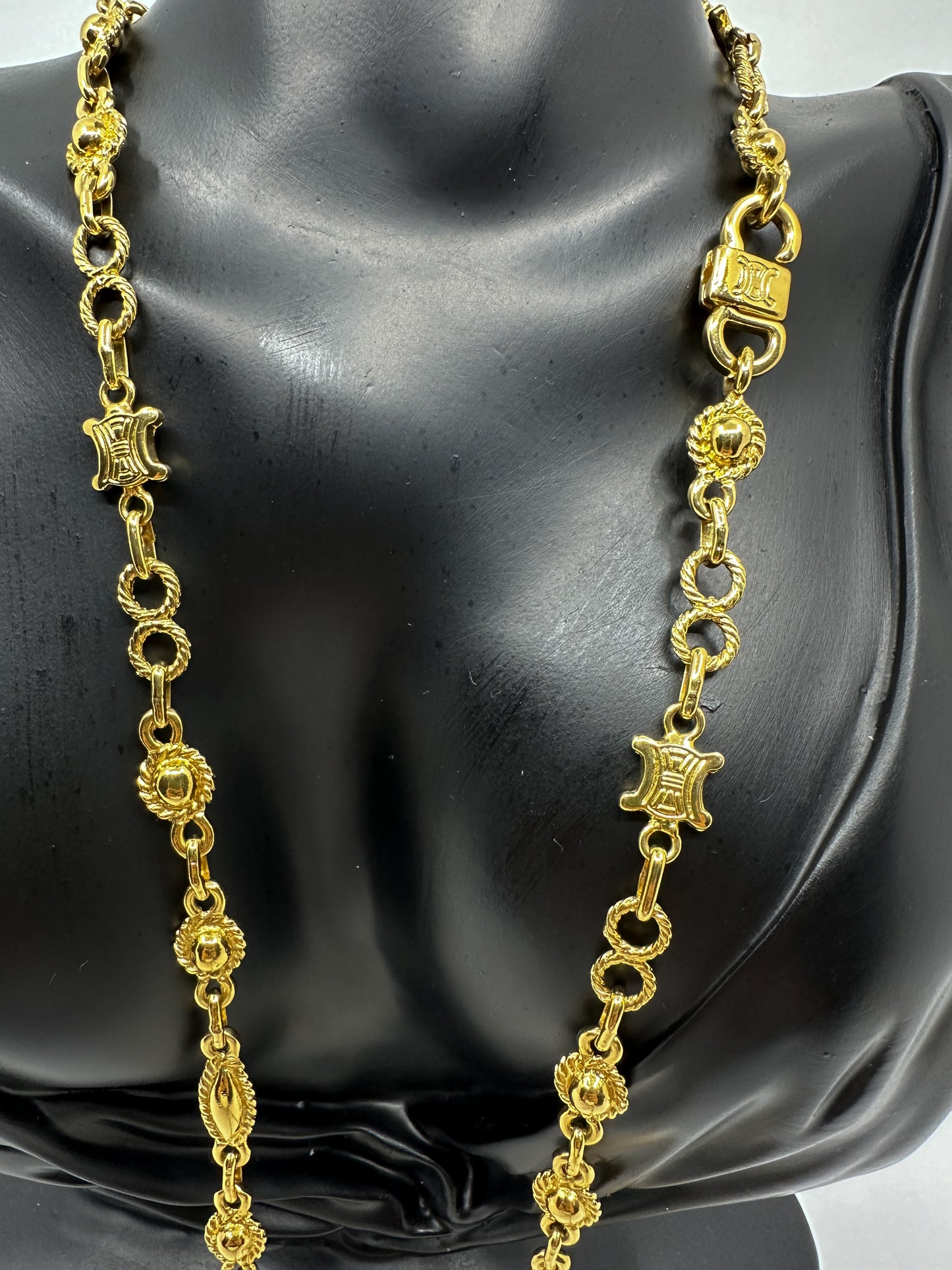 Vintage Gold Brass Celine Mixed Motifs Long Necklace