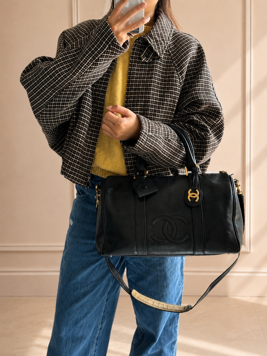 Rare Vintage Chanel Boston Bag in Black Caviar Leather Gold Hardware