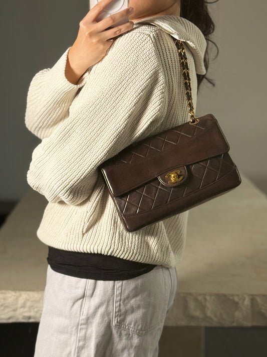 Rare Vintage Chanel Classic Single Curve Flap Medium Lambskin Chocolate Brown 24K Gold Hardware