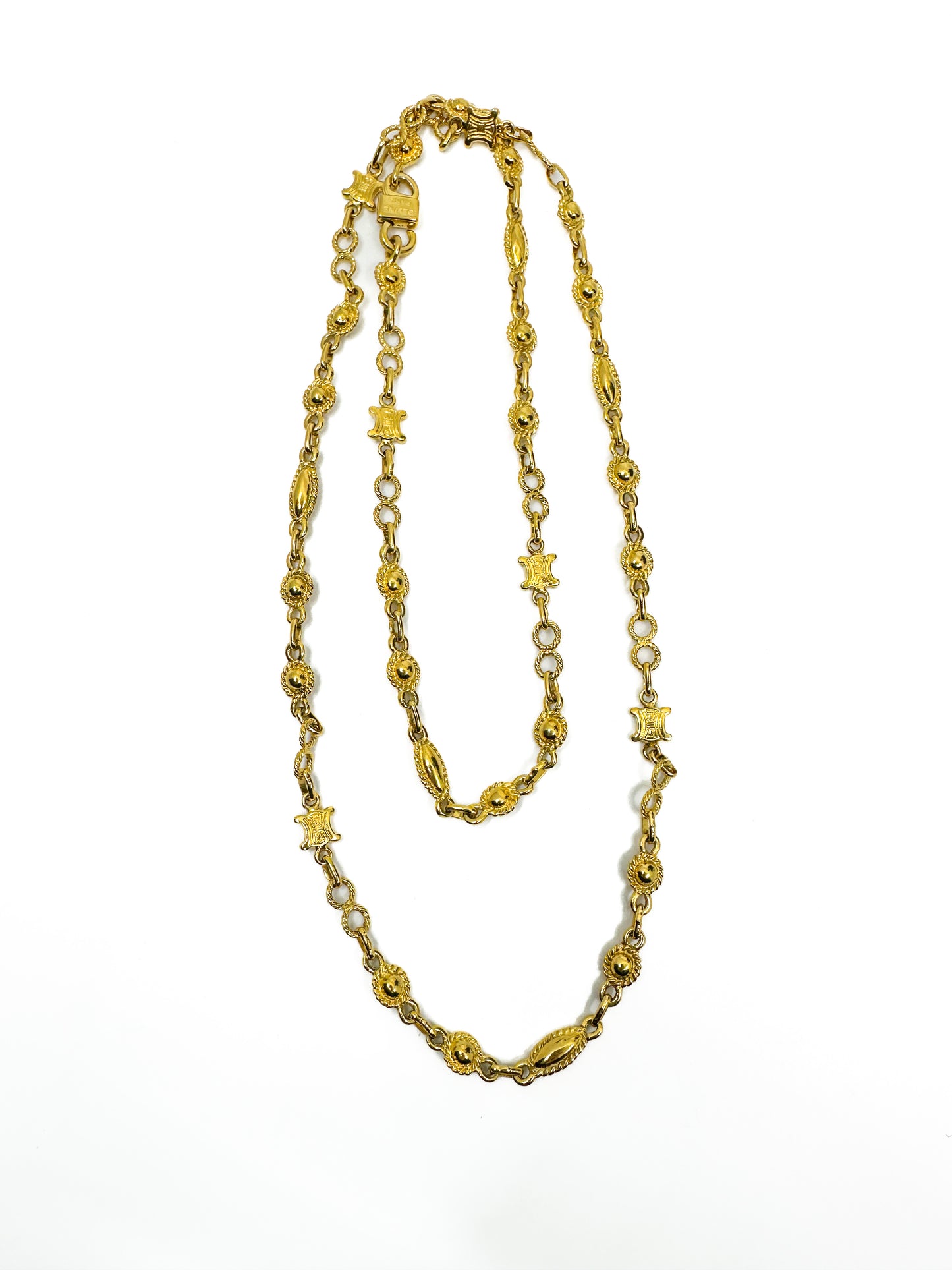 Vintage Gold Brass Celine Mixed Motifs Long Necklace