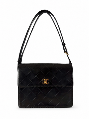 Rare Chanel Vintage Kelly Box Black Lambskin Shoulder Bag 24K Gold Hardware