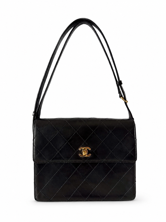 Rare Chanel Vintage Kelly Box Black Lambskin Shoulder Bag 24K Gold Hardware